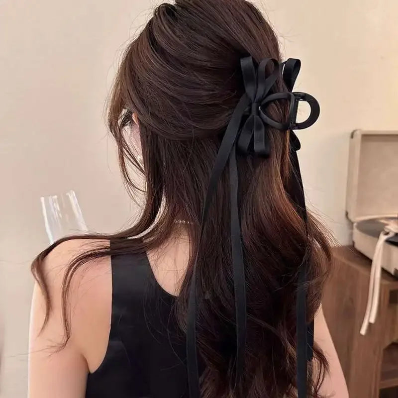 sengpan Black Bowknot Hair Claw Sweet Silk Ribbon Bow Hairpin Bang Clip Korean Girls Fashion Grab Clips Female Headwear Hair Accessories