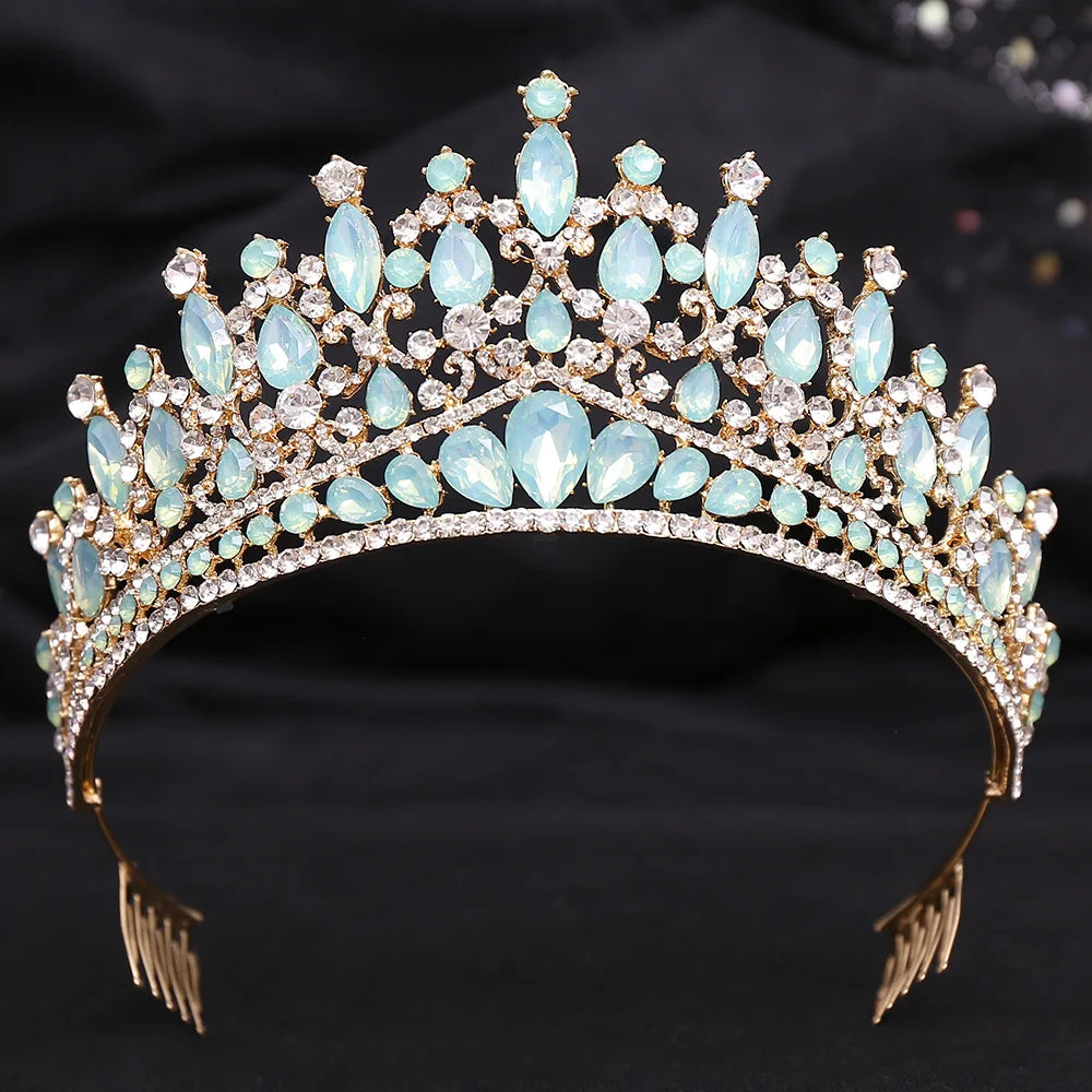 sengpan Luxury Green Opal Crystal Flower Water Drop Tiara Crown Women Wedding Party Elegant Bridal Bride Crown Hair Accessories