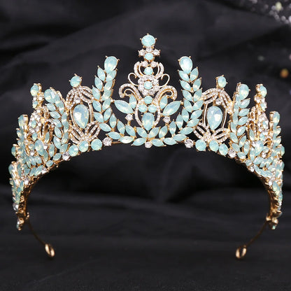 sengpan Luxury Green Opal Crystal Flower Water Drop Tiara Crown Women Wedding Party Elegant Bridal Bride Crown Hair Accessories