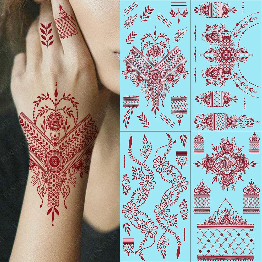 sengpan Maroon Henna Tattoo Sticker Waterproof Temporary Tattoos for Hand Arm Fake Tattoo for Women Wedding Festival Mehndi Stickers