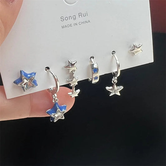 sengpan  -  6pcs Set Earring Silver Color Star Dangle Earrings Vintage Metal Geometric Drop Earring for Women Fashion Trendy Y2K Jewelry