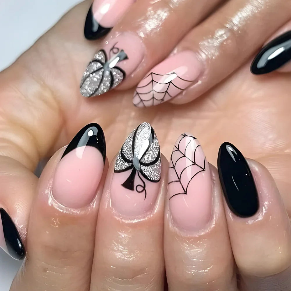 sengpan 24Pcs Halloween Short Almond False Nails with Glue Spider Web Nail Art Glitter French Full Cover Fake Nails Tips for Party Gifts