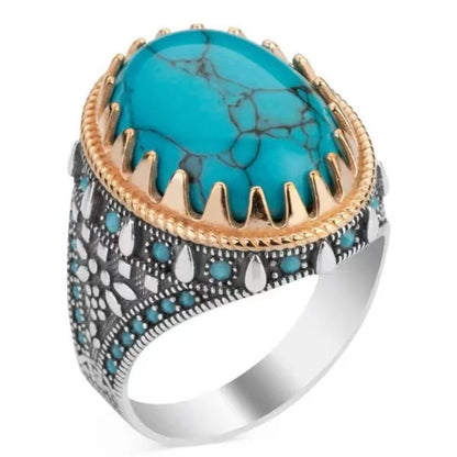 Lianfudai  Punk New Retro Men's Electroplating Two-color Inlaid Turquoise Ring Punk Style Personality Banquet Ring