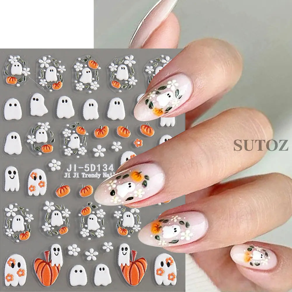 sengpan 5D Embossed Ghost Nail Art Stickers Halloween Cartoon Pumpkin Skull Nail Decals Spider Web Daisy Sliders For Manicure NTJI-5D131