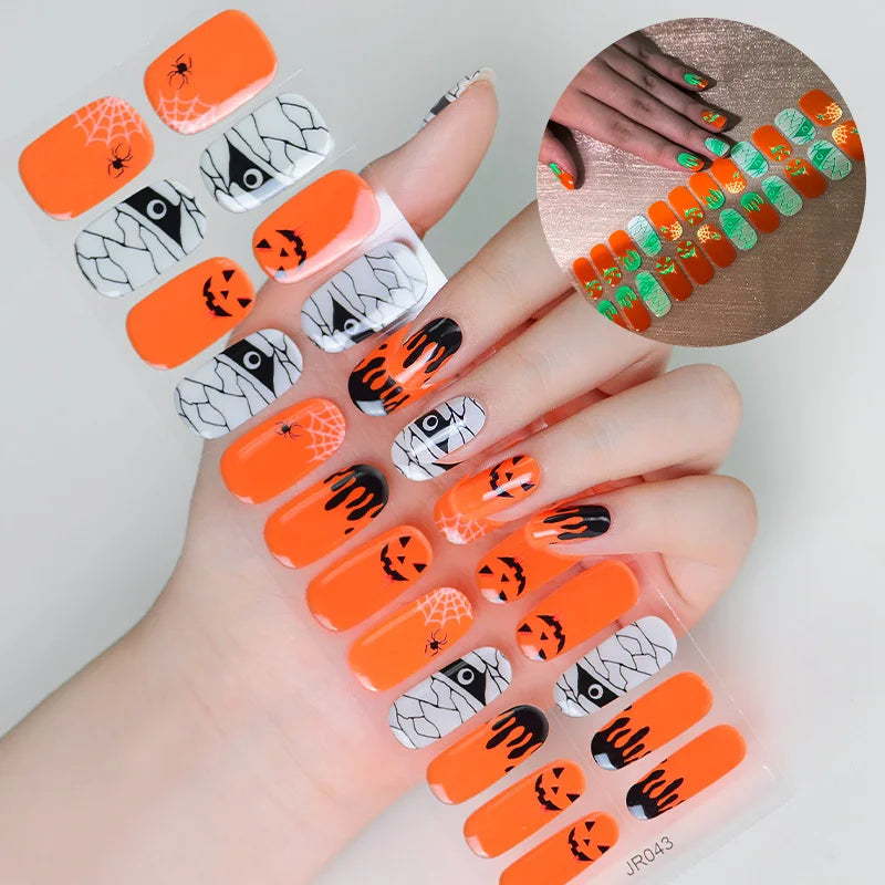 sengpan Halloween Pumpkin Ghost Gel Nail Art Stickers Adhesive Waterproof Semi Cure Gel Nails Wraps for UV Lamp Need Charm Manicure