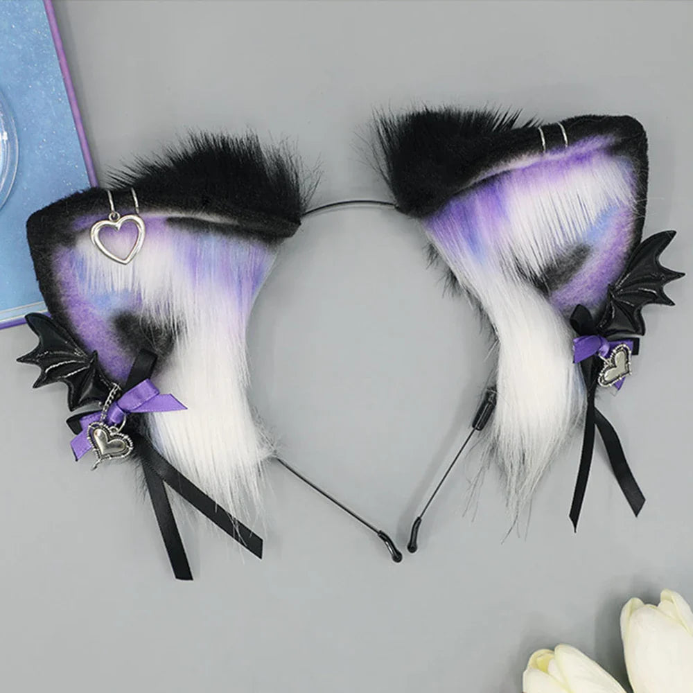 sengpan Halloween Gothic Style Headband Simulation Plush Cat Ear Hairband Bat Wings Hair Hoop Cosplay Hair Accessories Dress Up Prop