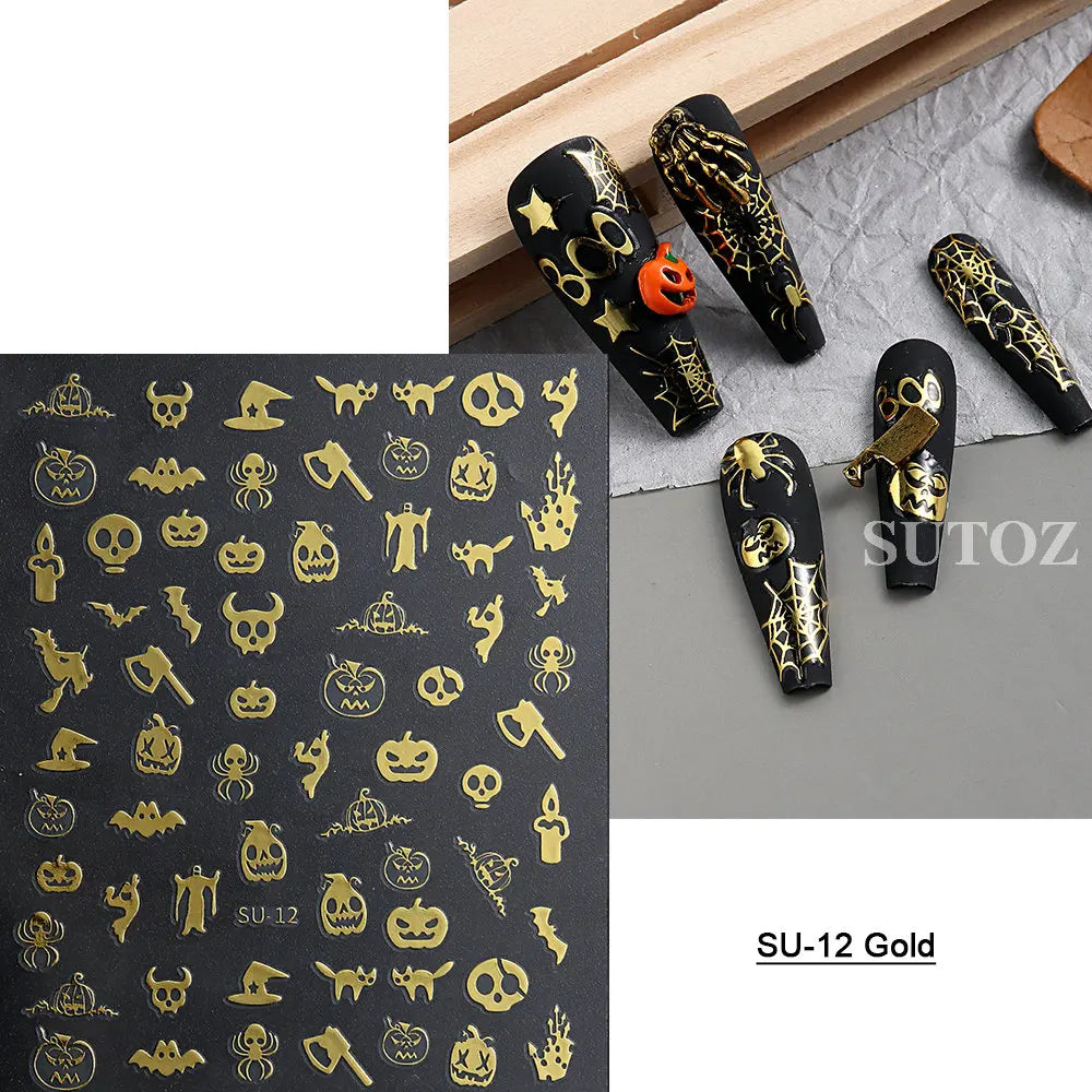 sengpan Spider Nail Sticker Halloween Decoration Snake Skull Design Evil Pumpkin Bat Nail Slider Witch Star Charm Manicure Decal LEBSO10