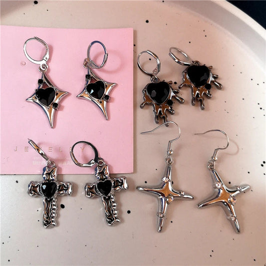 sengpan Punk Vintage Aesthetic Black Irregular Cross Star Heart Pendant Earrings Women Men Charms Jewelry Y2K 90s Harajuku Accessories