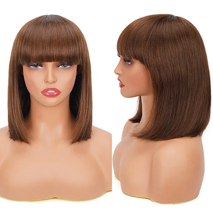 sengpan Straight Human Hair Bob Wigs with Bangs Remy Full Machine Made for Women Hightlight Burgundy Brown Colored BOB Wig