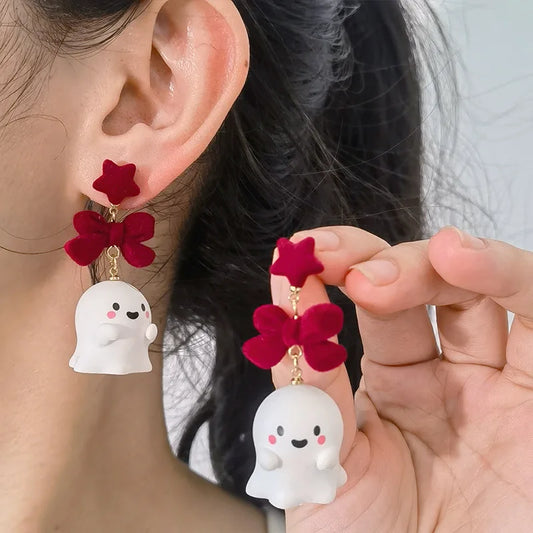 sengpan Fancy Resin Halloween Ghost Drop Earrings For Women Red Bowknot Flannel Ghost Dangle Earring Christmas Festival Party Jewelry