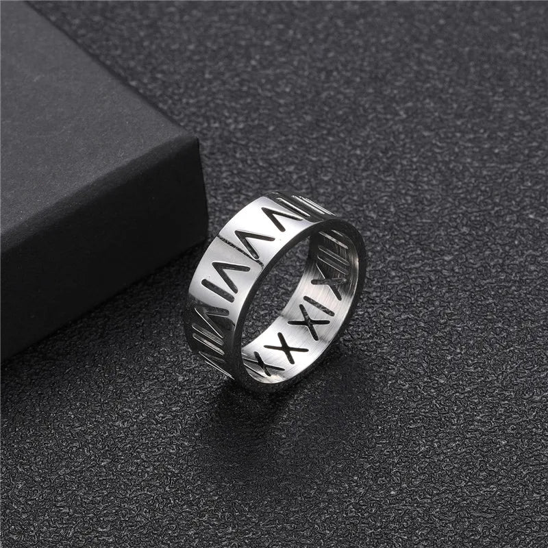 sengpan 8MM Stainless Steel Inoxidable Vintage Roman Numberss Cutting Letters Ring Temperament Couple Rings For Men Women Jewelry Gifts