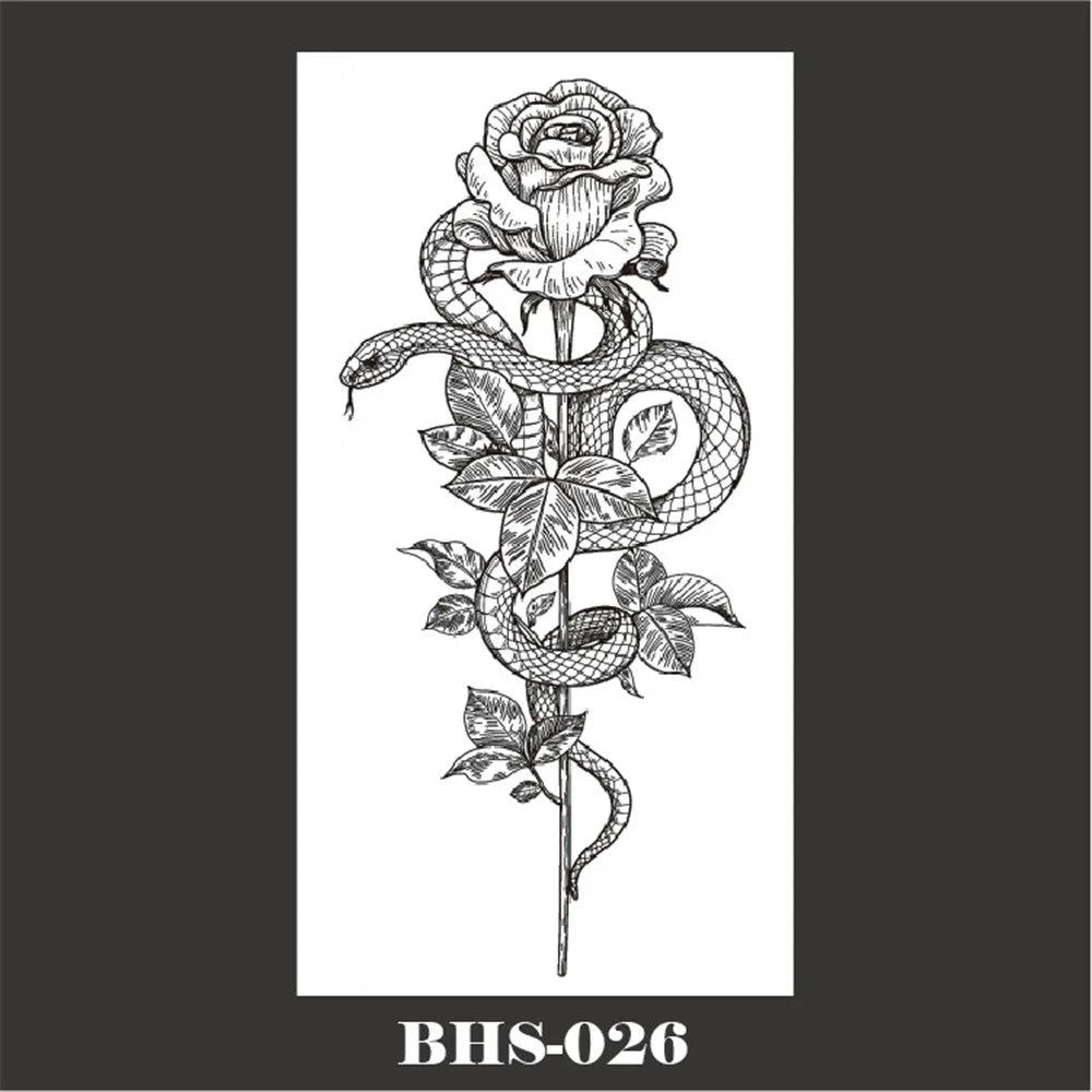 sengpan 2024 Summer Snake Flower Temporary Tattoos Sticker Waterproof Cool Dark Style Unisex Water Transfer Fake Tattoo Women Accessory