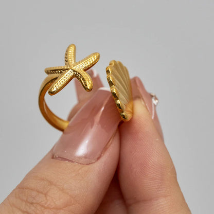 sengpan Bohemia Summer Beach Starfish Shell Open Ring Creative Casual Stainless Steel Irregular Adjustable Waterproof Vacation Jewelry