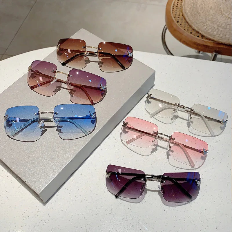 sengpan Y2K Luxury Brand Designer Rimless Square Sunglasses Women For Female Trendy Sun Glasses Diamond Butterfly Pink Punk Shades UV400