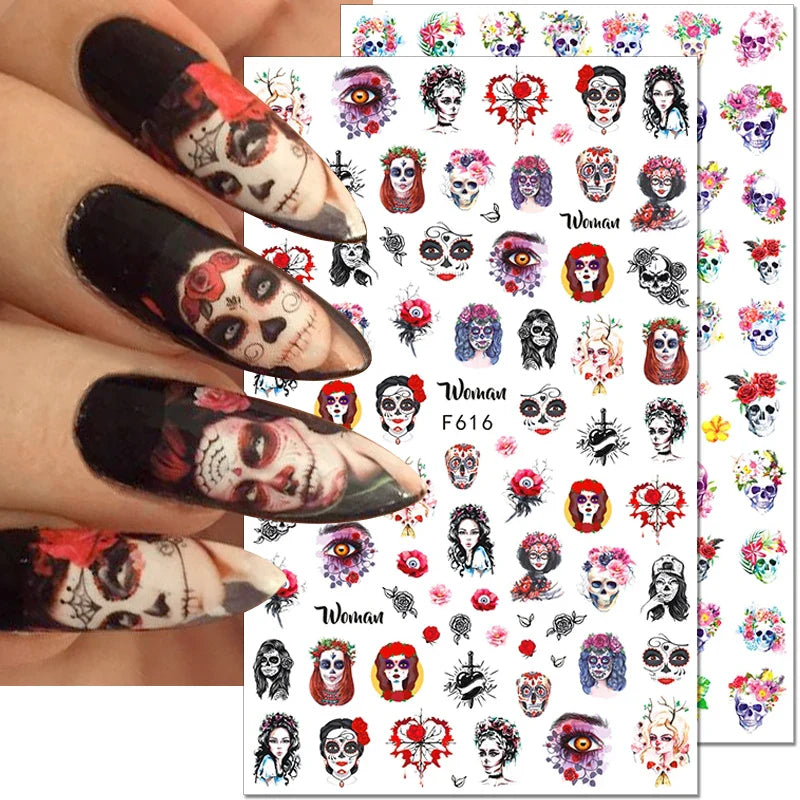 sengpan 3D Halloween Nail Stickers Clown Skull Bone Pumpkin Cartoon Spider Bat Nail Decals Self-Adhesive Nail Art Stickers Nails Decor