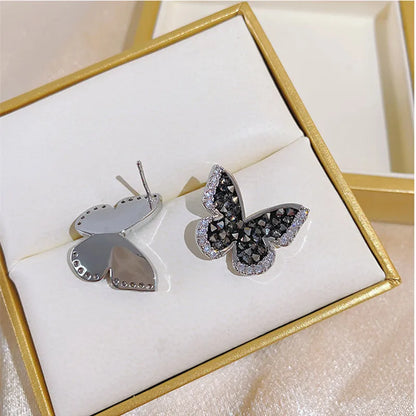 sengpan Inlaid Zircon Black Crystal Silver Colour Butterfly Earrings Women's Personality Fashion Earrings Wedding Jewelry Birthday Gifts