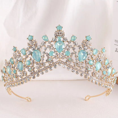 sengpan Luxury Green Opal Crystal Flower Water Drop Tiara Crown Women Wedding Party Elegant Bridal Bride Crown Hair Accessories