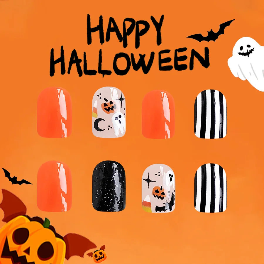 sengpan 24pcs/set Halloween Press-On Nails Set - Short Square, Glossy Finish with Cute Ghost & Pumpkin Designs in Orange/Black for Women