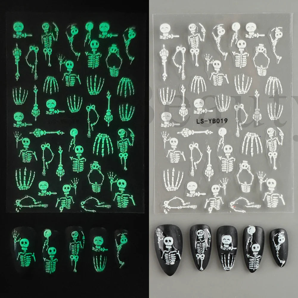 sengpan Luminous Nail Stickers Glow In Dark Halloween Nail Art Decoration Cartoon Skull Ghost Sliders Bones Spider Decal Tattoo GLYB-018