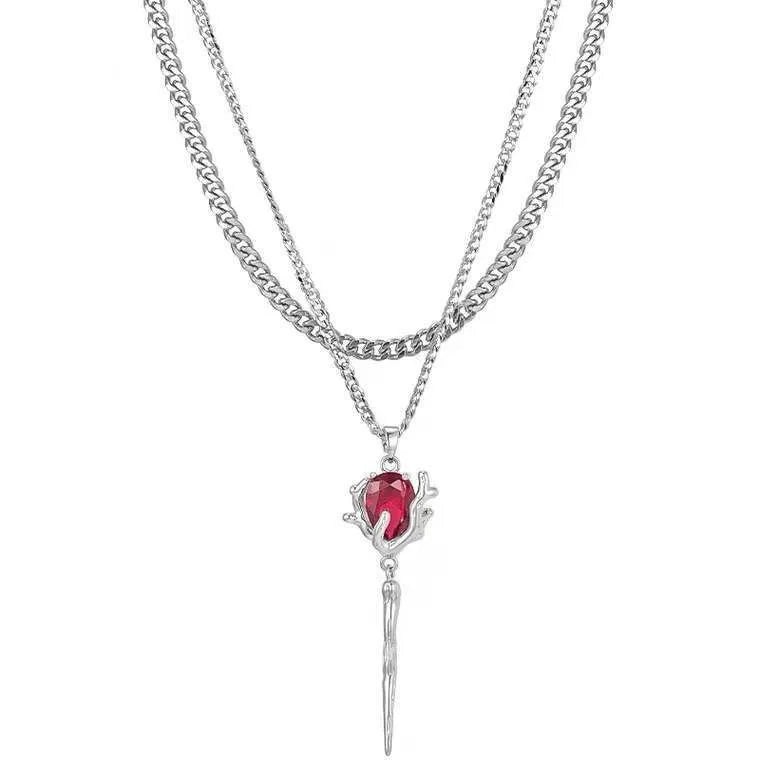 sengpan Double Layer Red Zircon Rose Pendant Necklace Y2K Layered Flower Stone Chain Necklaces Irregular Floral Aesthetic Egirl Necklace