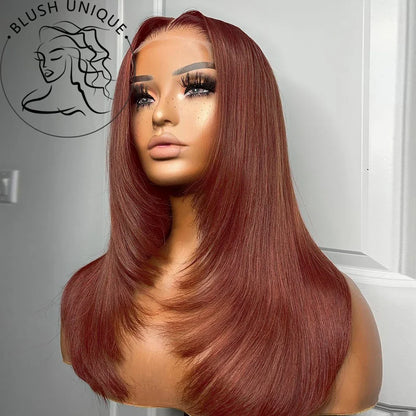 sengpan Reddish Brown Straight Lace Front Wigs Layered Cut Wig Glueless Layered Lace Wigs Synthetic Butterfly Haircut Natural Hairline