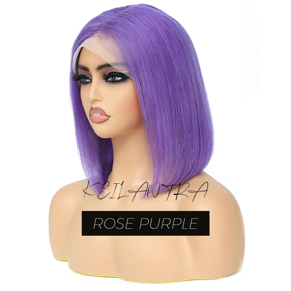 sengpan Rose Pink Short Colored Bob Human Hair Wigs Brazilian 13X4 Straight Lace Front Wigs Transparent Lace Pre Plucked Glueless Wig