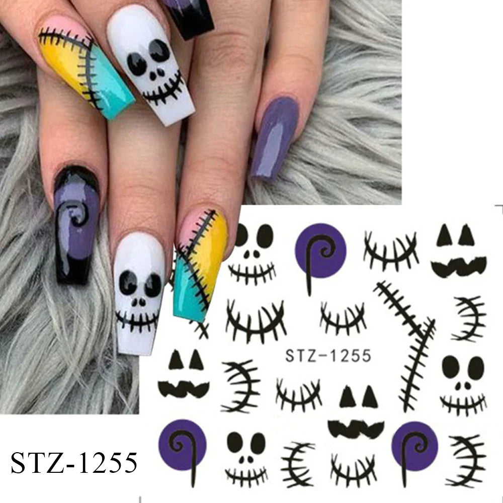 sengpan Halloween Nail Art Stickers Evil Pumpkin 3D Nail Decals Cartoon Skull Water Transfer Sticker DIY Festival Nail Decorations