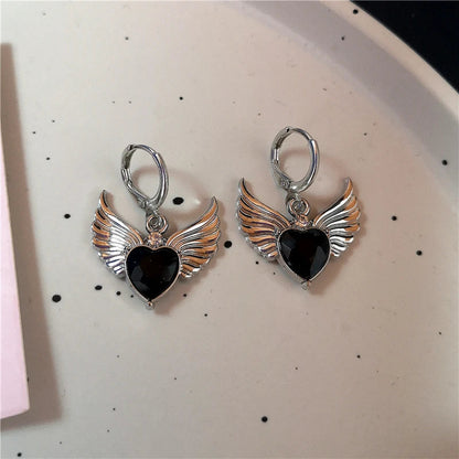 sengpan New Vintage Aesthetic Crystal Purple Heart Wing Pendant Earring For Women Men Grunge Punk Goth Y2K 2000s EMO Jewelry Accessories