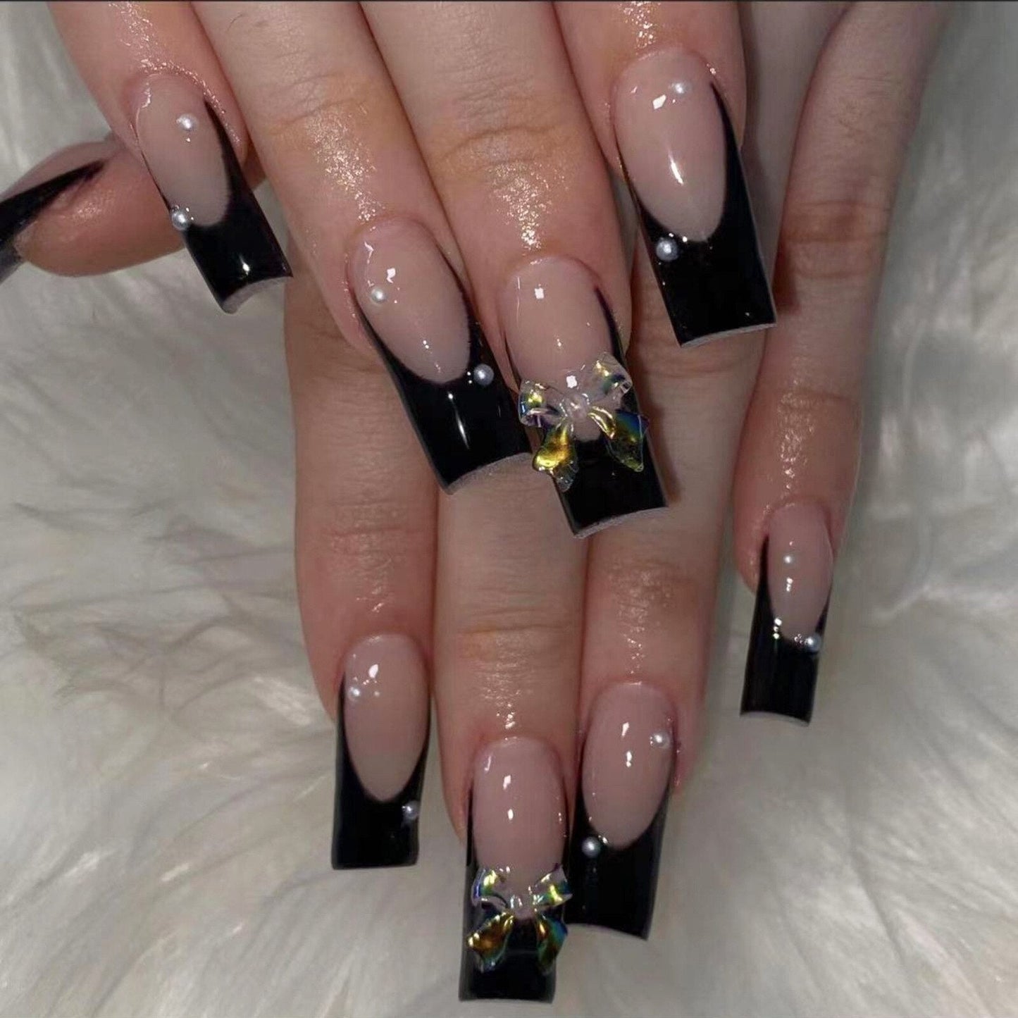 Lianfudai current nail trends 2023  24Pcs Black French Press on False Nails with Bow Pearl Design Long Ballet Square Fake Nails Wearable Coffin Nail Tips False Nail