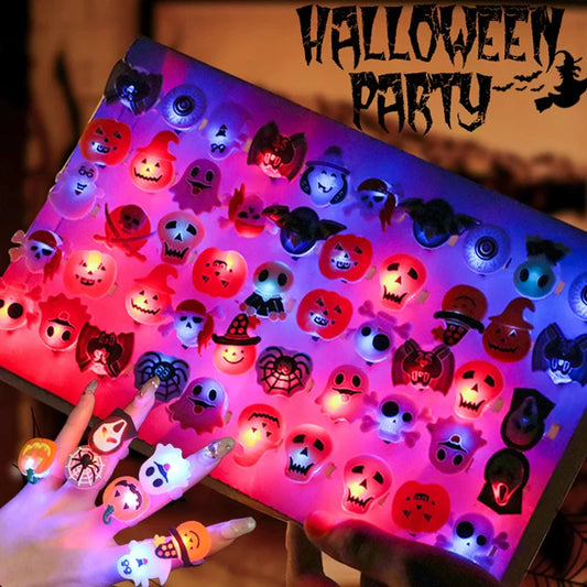 sengpan 10-30Pcs Jewelry Party Gifts LED Luminous Halloween Rings Creative Pumpkin Ghost Skull Glowing in Dark Finger Rings Toys Lights