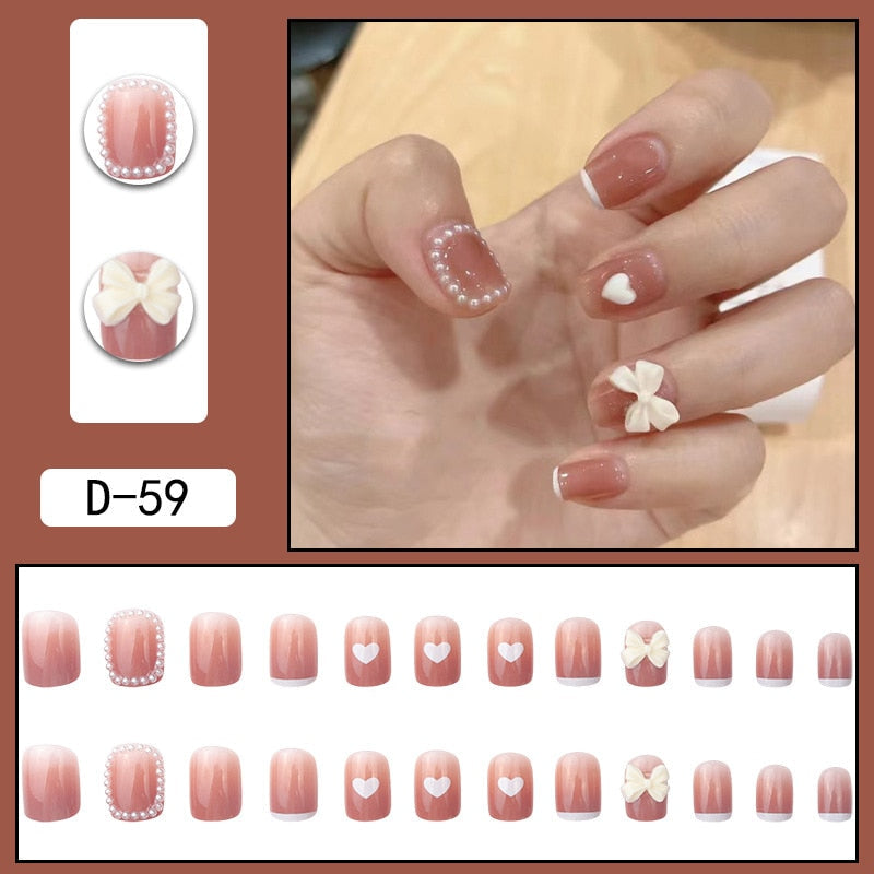 sengpan 24pcs French Point Diamond Fake Nails Wearing Artificial Square Head Press On Acrylic Nail Art Pearl Patch Almond False Nails