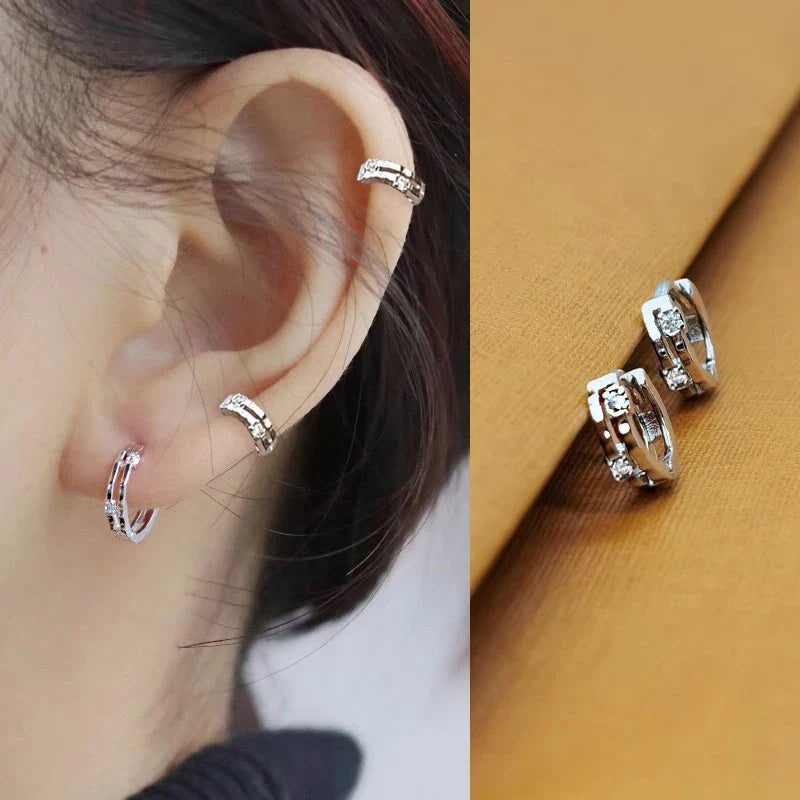 sengpan 1Pair Fashion Simple Small Hoop Earrings For Women Men Shiny Zircon Round Circle Ear Bone Nail Ear Piercing Jewelry