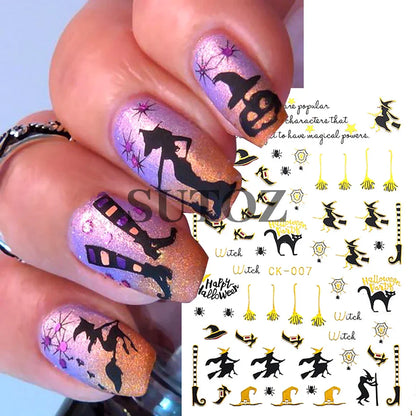 sengpan Embossed 3D Witches Nails Stickers Gold Black Witche Broom Boots Relief Design DIY Halloween Dark Style Manicure Decal CK-007