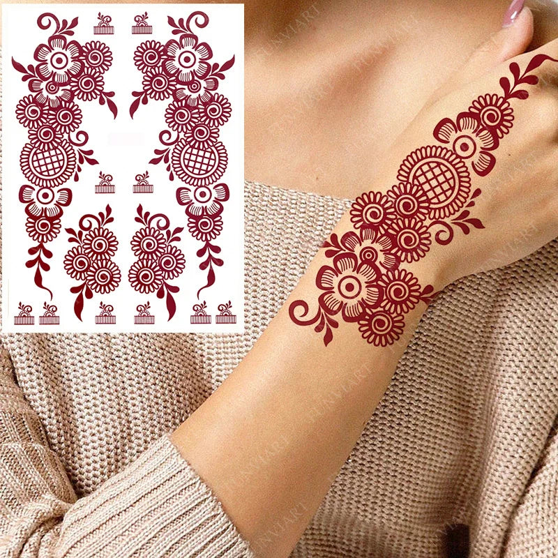 sengpan Brown Henna Tattoos for Women Waterproof Temporary Tattoo Stickers  for Hand Flower Fake Tattoo for Wedding Festival Body Art