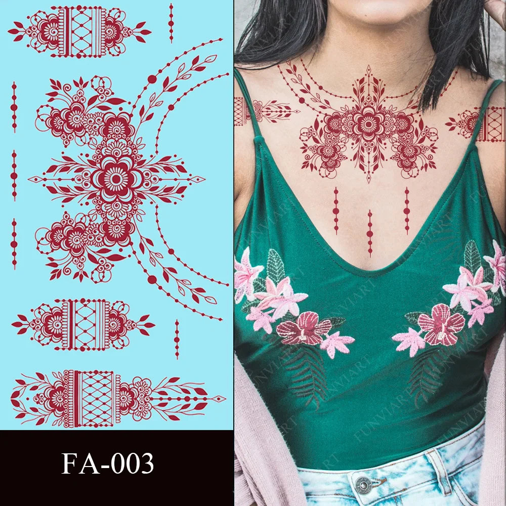 sengpan Maroon Henna Tattoo Sticker Waterproof Temporary Tattoos for Hand Arm Fake Tattoo for Women Wedding Festival Mehndi Stickers