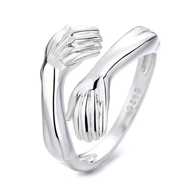 sengpan Classic Creative Silver Color Hug Rings for Women Fashion Metal Carved Hands Open Ring Birthday Party Jewelry