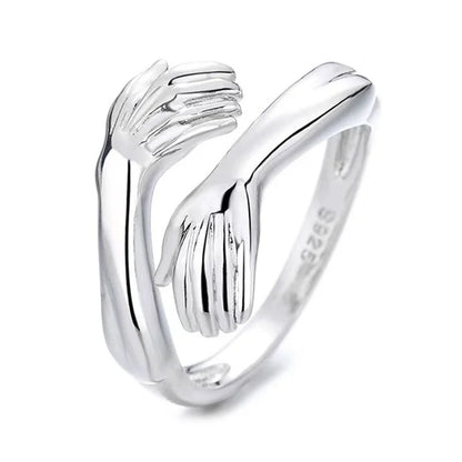 sengpan Classic Creative Silver Color Hug Rings for Women Fashion Metal Carved Hands Open Ring Birthday Party Jewelry