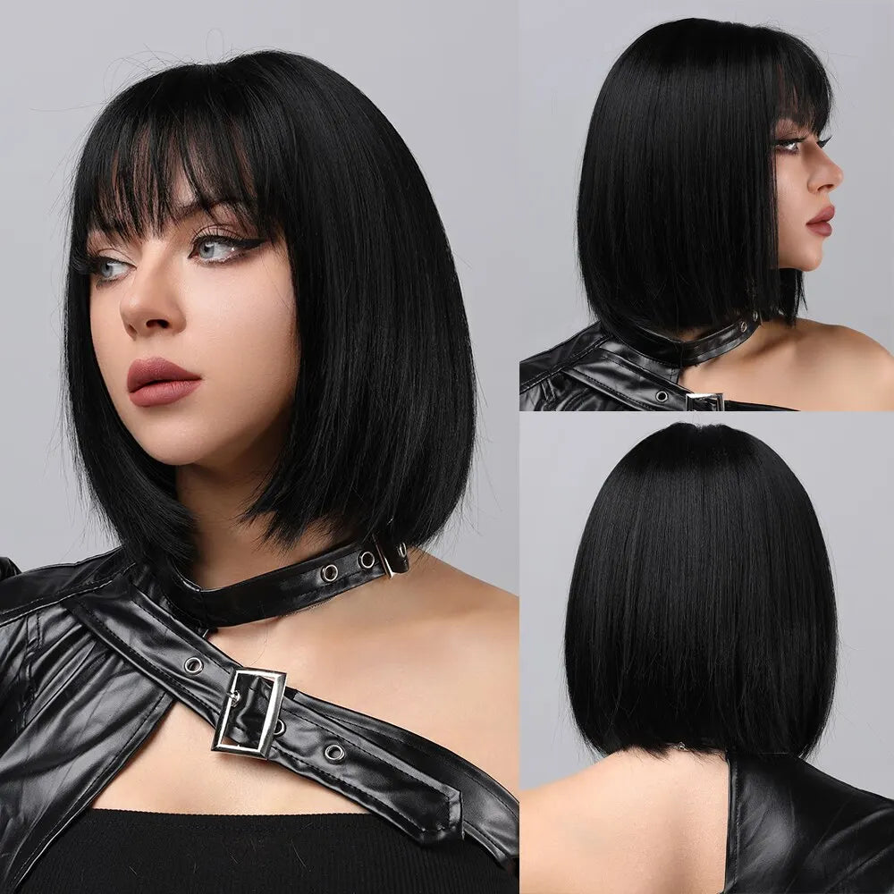 sengpan Bob Wig Black For Black Women Black Short Wig With Bangs Heat Resistant Synthetic Wig Suitable For Everyday Halloween Party Use