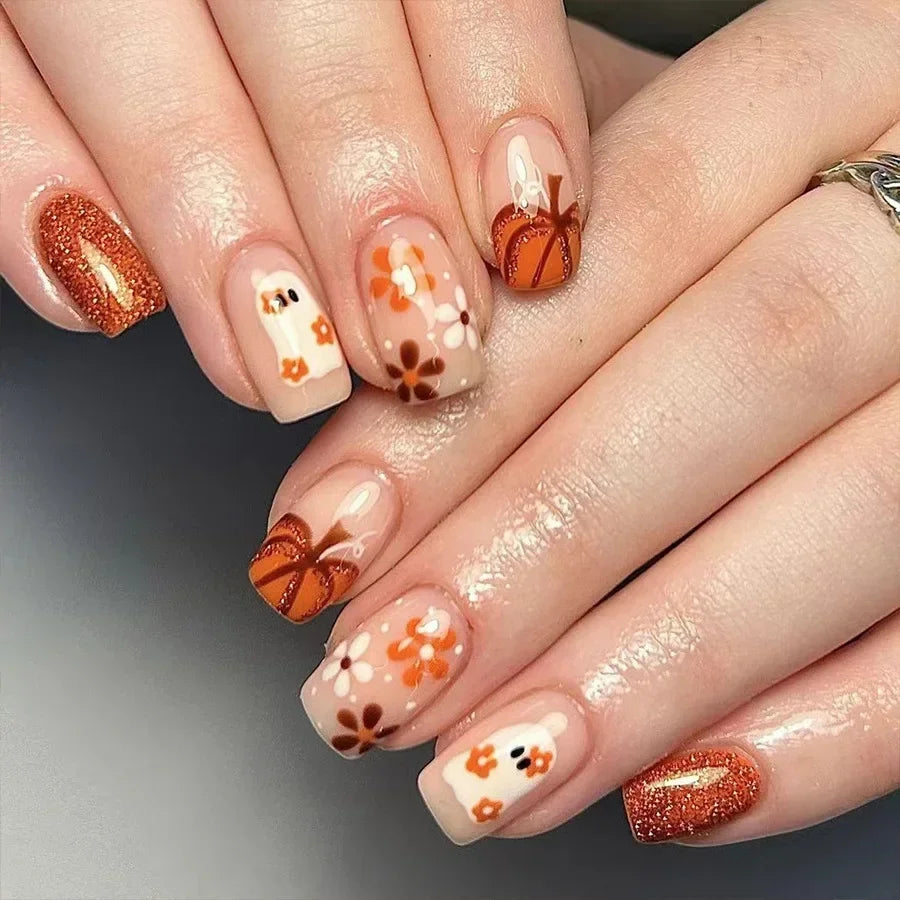 sengpan 24pcs Cute Ghost&Pumpkin Halloween Press-On Nails-Glossy Short Square Fake Nails with Festive Designs False Nail for Women/Girls