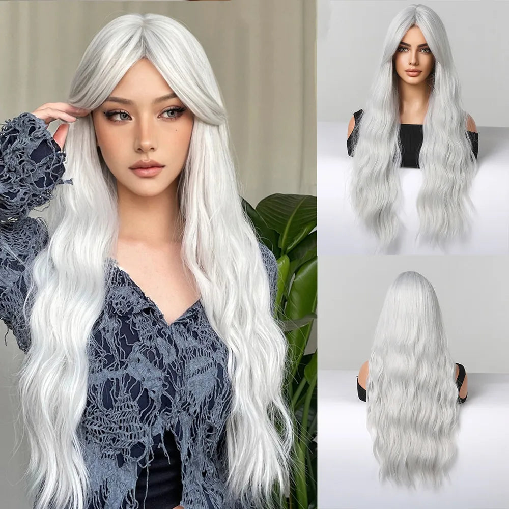 sengpan  Brown Highlight Long Wave Wigs for Women Synthetic Wig with Bangs Ombre Mixed Color Natural Looking Hair for Daily