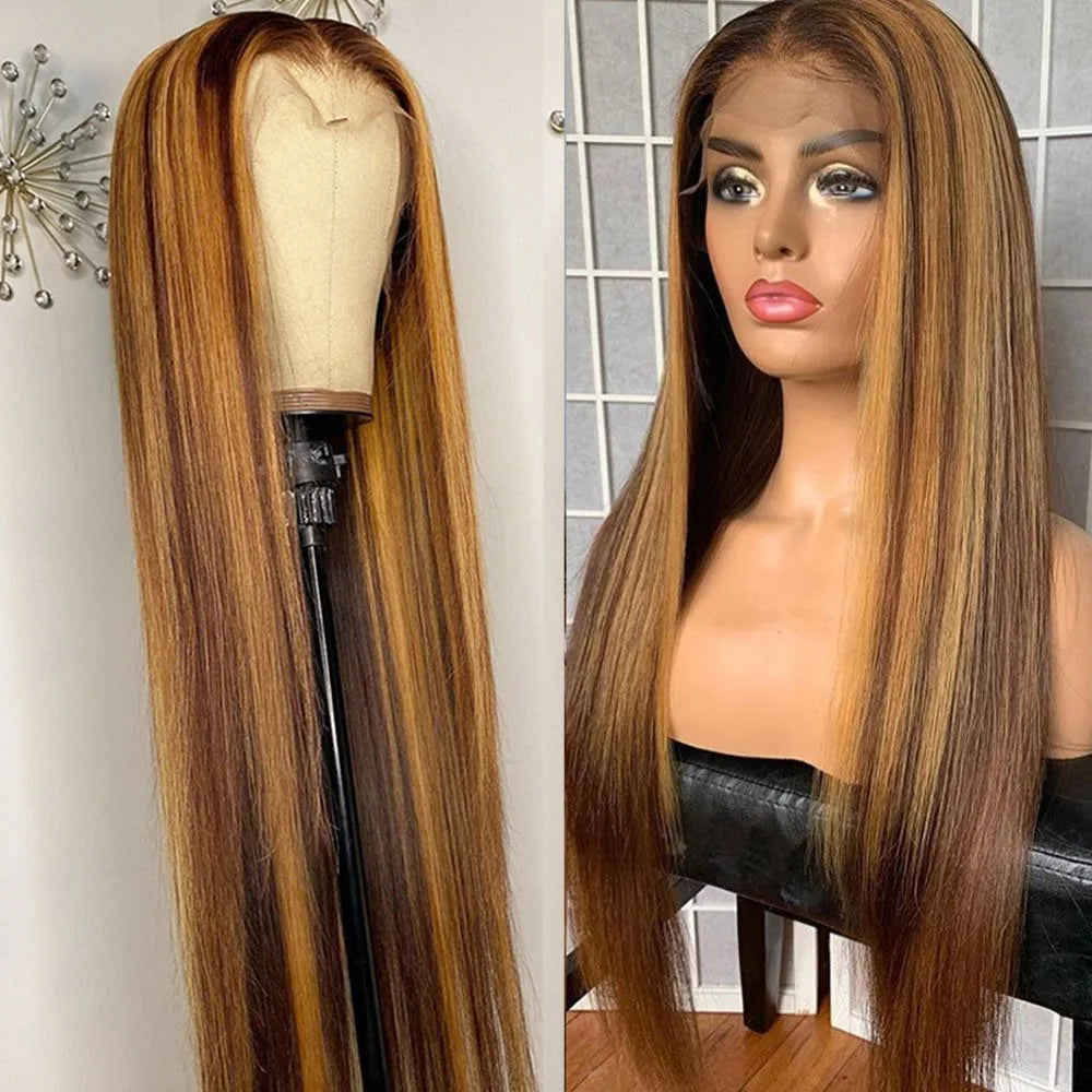 sengpan 13x6 Highlight Ombre Straight Lace Front Human Hair Wig Honey Blonde Colored Bone Straight Lace Frontal Wigs For Black Women