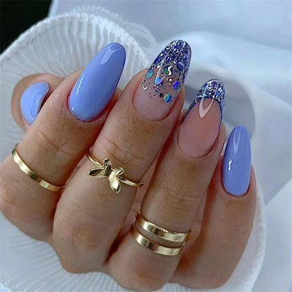 sengpan 24Pcs Small Flower Design Almond Wearing False Nails Blue White Oval Acrylic Press on Nails Art Removable Artificial Fake Nails