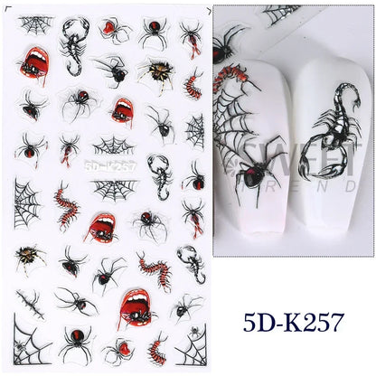 sengpan 5D Halloween Ghost Pumpkin Embossed Nail Stickers Decals Spider Web Clown Bone Nail Art Gel Sliders Design Manicure Decorations