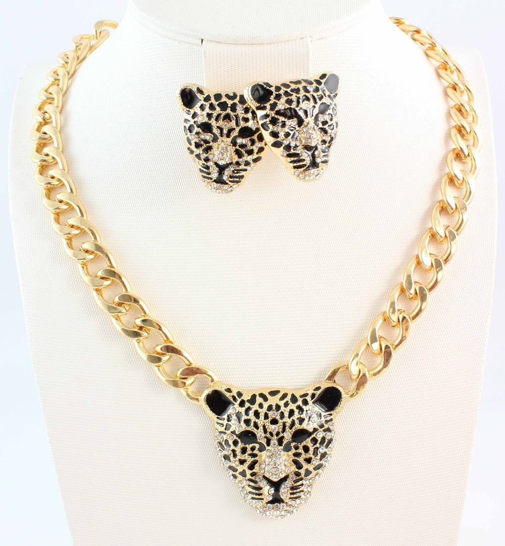 sengpan Fashion Gold Color Black Enameled Leopard Pendant Statement Necklace earrings Jewelry Set