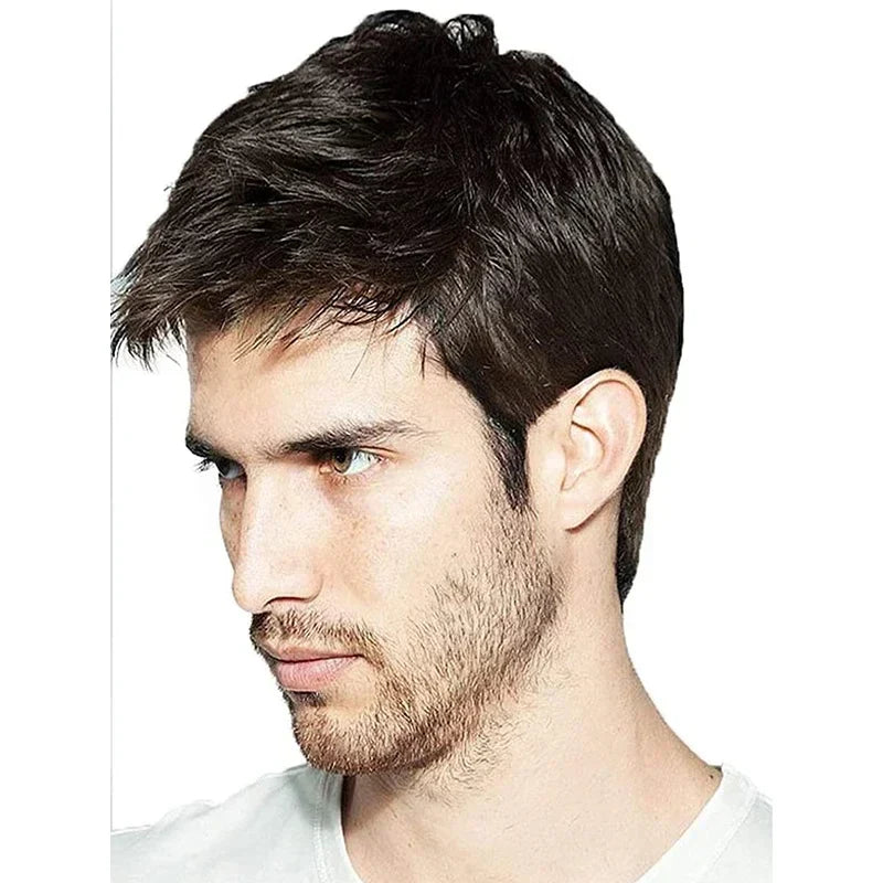 sengpan Men Wigs Short Hair Synthetic Dark Brown Color Natural Wigs with Bangs Fashion Short Haircuts Male Wig Cosplay Daily