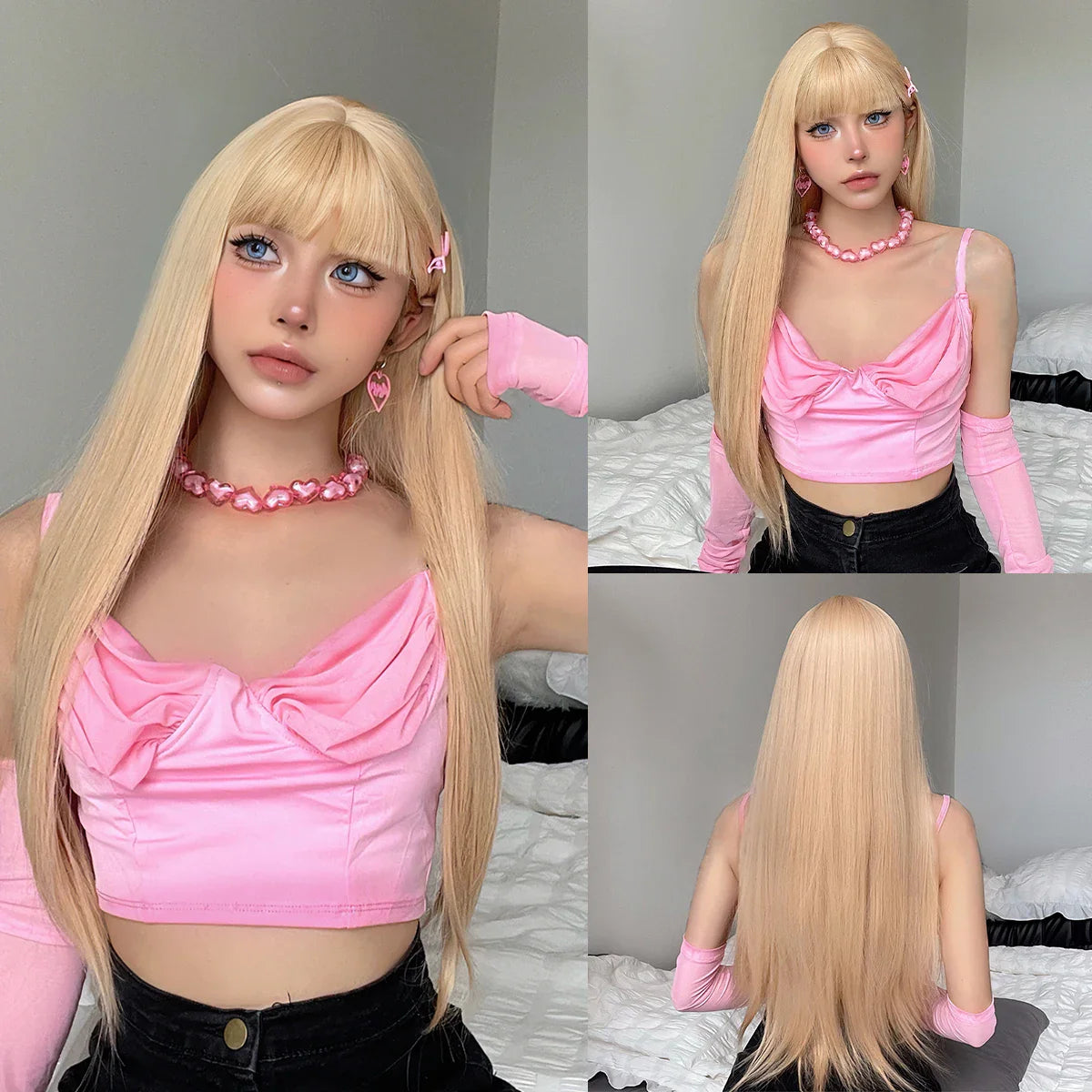 sengpan Ombre Synthetic Straight Cosplay Women Hair Platinum Blonde to Black Hair Long Layered Natural Wigs with Bangs for White Women