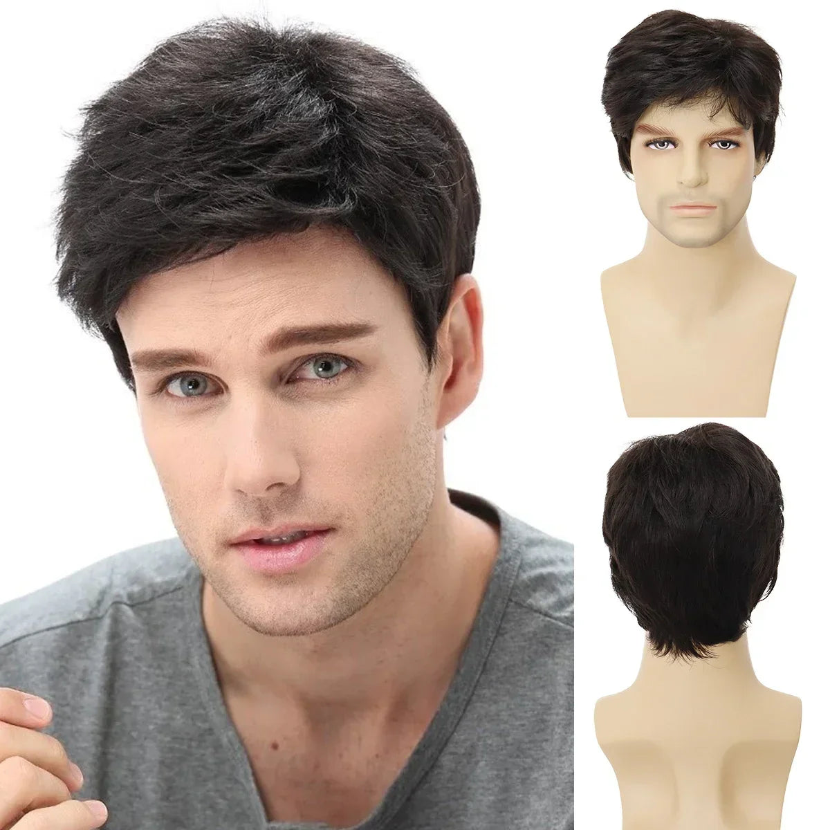 sengpan Men Wigs Short Hair Synthetic Dark Brown Color Natural Wigs with Bangs Fashion Short Haircuts Male Wig Cosplay Daily