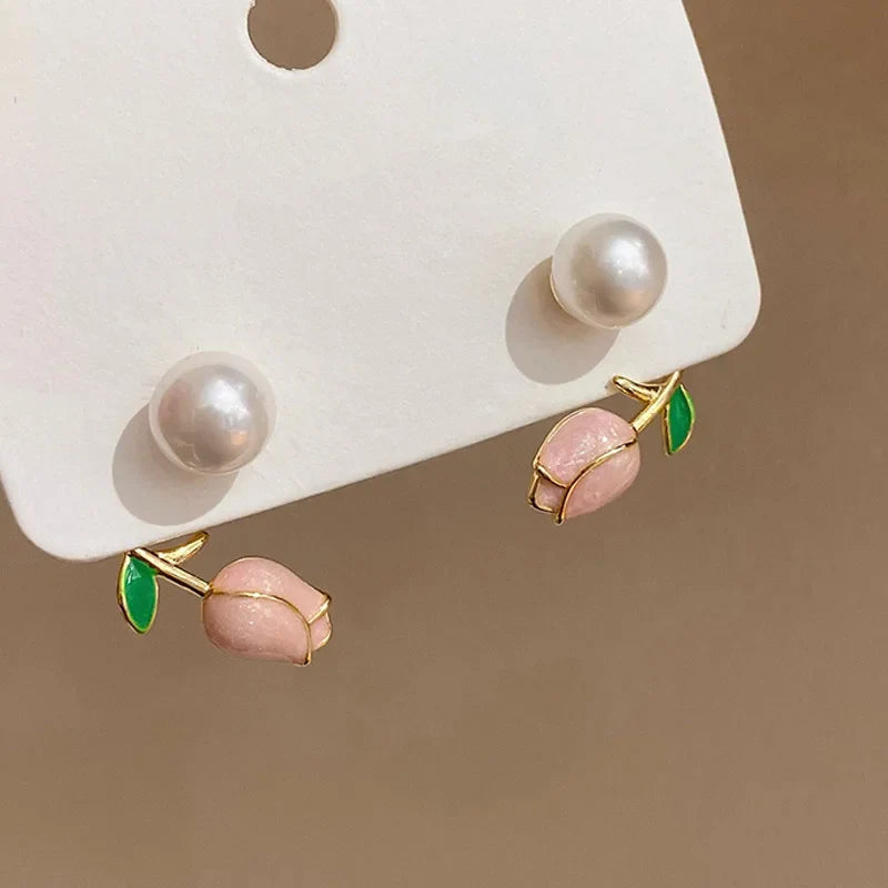 sengpan Sweet Fashion Enamel Pearl Tulip Flower Stud Earrings For Women Korean Temperament Zircon Back Hanging Earring Wedding Jewelry