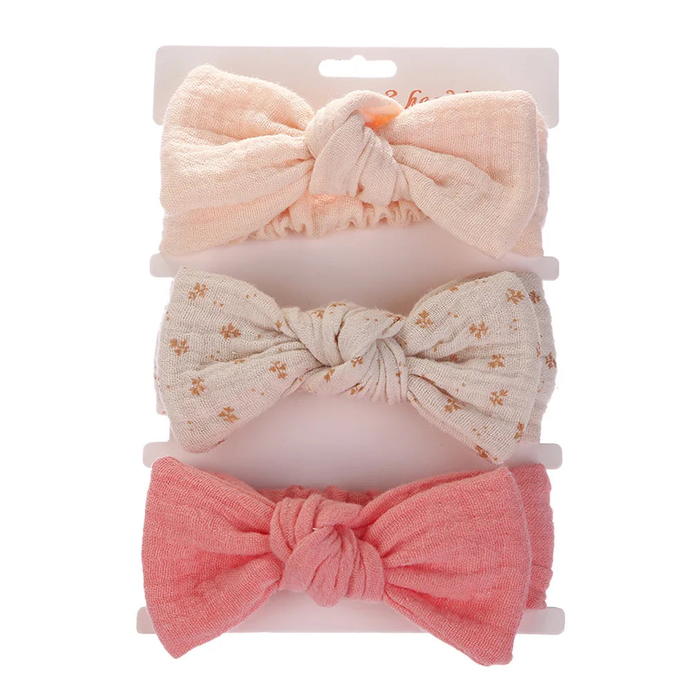 Lianfudai 3PC/lot Muslin Cotton Linen Baby Headband Newborn Knotted Hair Bow Turban Floral Print Headband Children Girls Hair Accessories