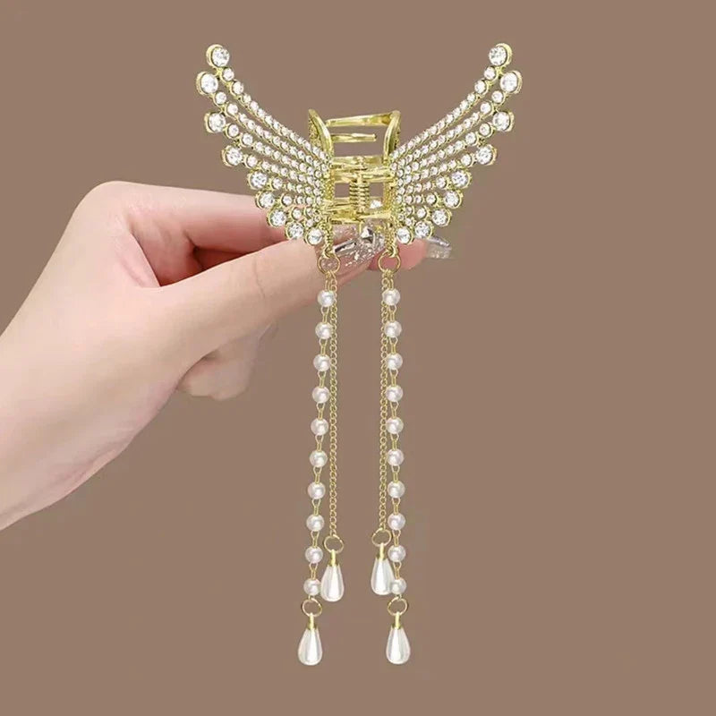 Lianfudai Exquisite Rhinestone Butterfly Fringe Hair Claw Clips Korean New Ponytail Braid Pearl Hairpin Girl Crab Metal Headdress Gift